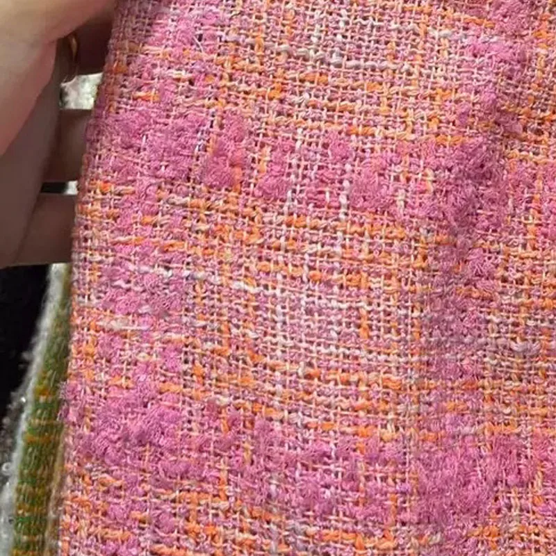 Tela de tweed trenzada teñida con hilo de cinta, diseño de entramado rosa y naranja, para chaquetas, vestidos, trajes, abrigos, material de costura DIY.