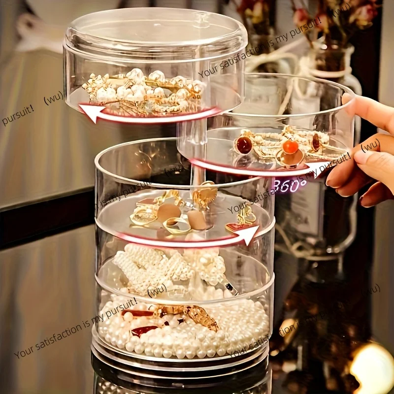 360 Rotating Acrylic Jewelry Organizer Box Dust-proof Transparent Display Stand for Earrings Necklace Bracelet Hair Accessories