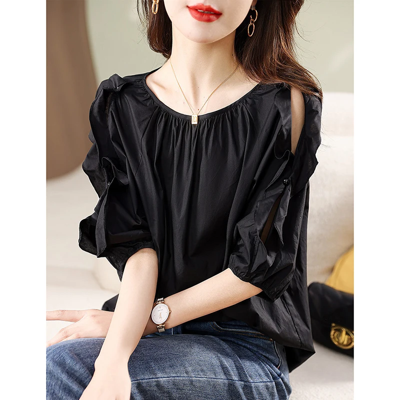 Fashion O-Neck Folds Hollow Out Butterfly Sleeve Blouses Women's Clothing 2024 Summer New Loose Korean Tops Office Lady Shirts