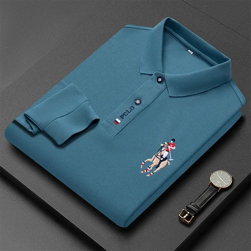 New Fashion Embroidery Men\'s Long Sleeve POLO Shirt Solid Color Lapel Business Casual Men\'s Long Sleeve POLO Shirt