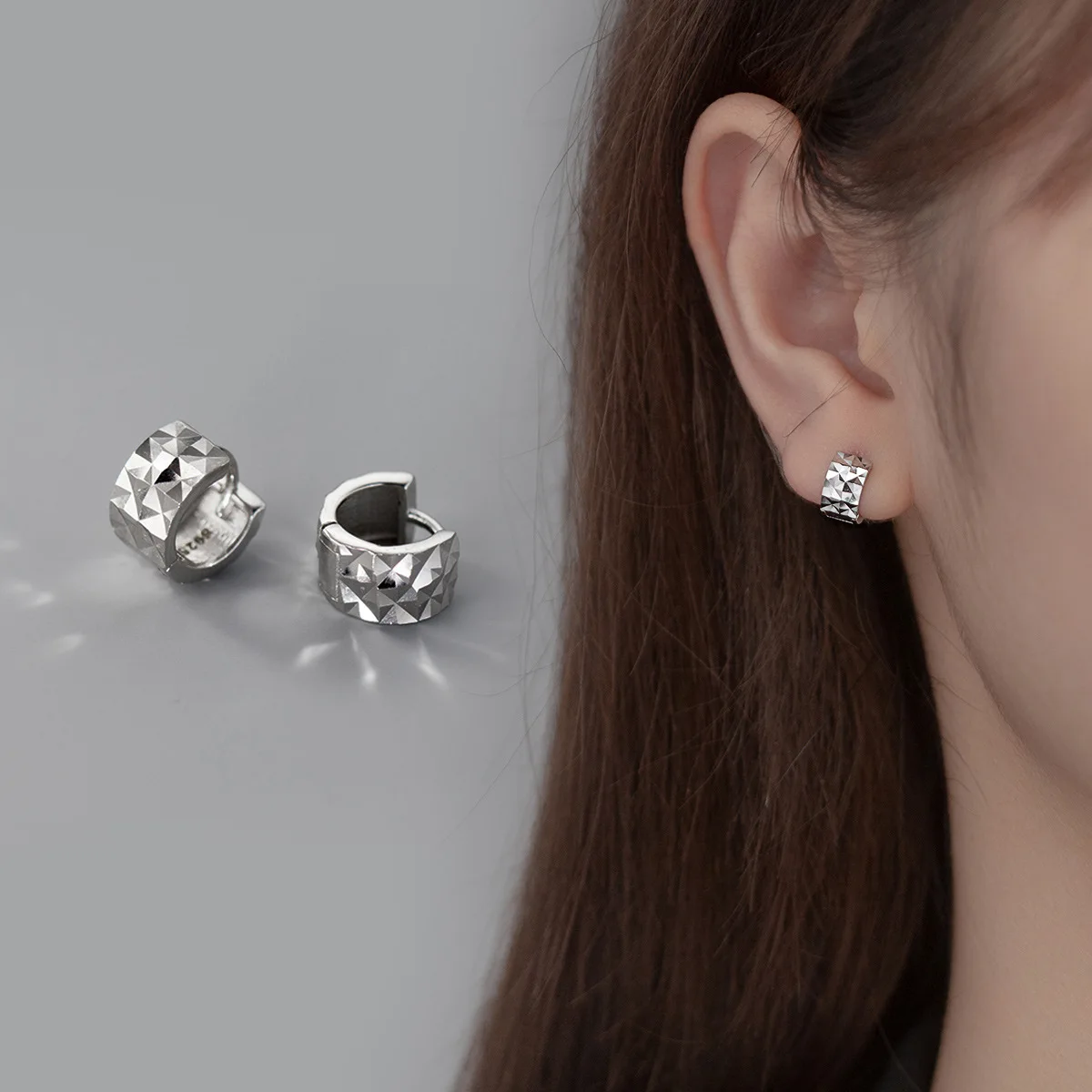 8mm 925 Silver Woman Earring Small Wide Pattern 925 Silver Hoop Earrings For Women Female Girls Lady Glossy Round