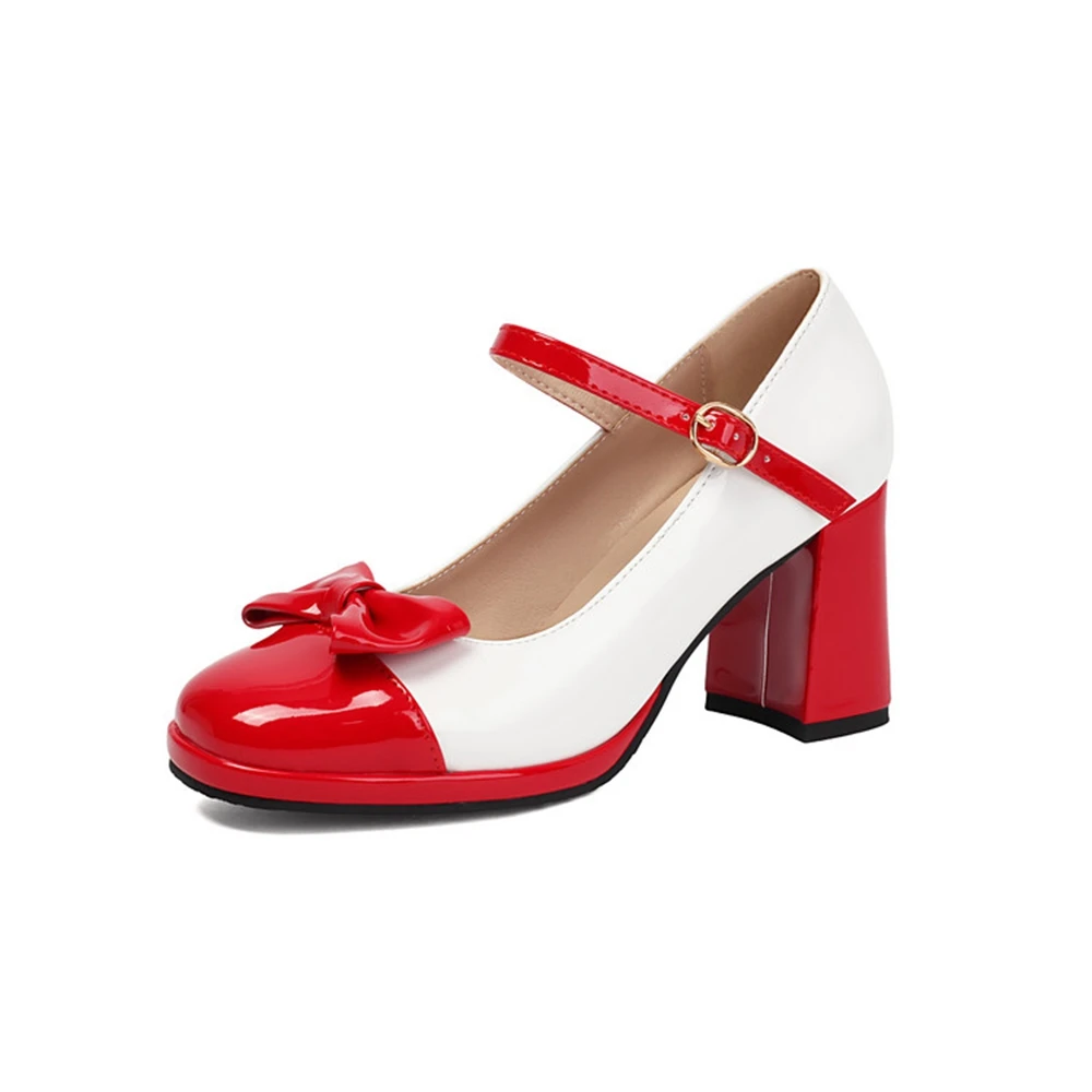 

Women's Color Block Patent Leather Mary Jane Heels Bow Ankle Strap Block Heel Plus Size 32-48 6 Colors Party Daily Shoes 7-4
