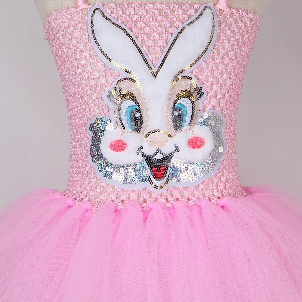 Girls Pink Easter Bunny Costume Kids Cute Animal Rabbit Tutu Dress Up Clothes Toddler Girl Halloween Birthday Party Tulle Dress