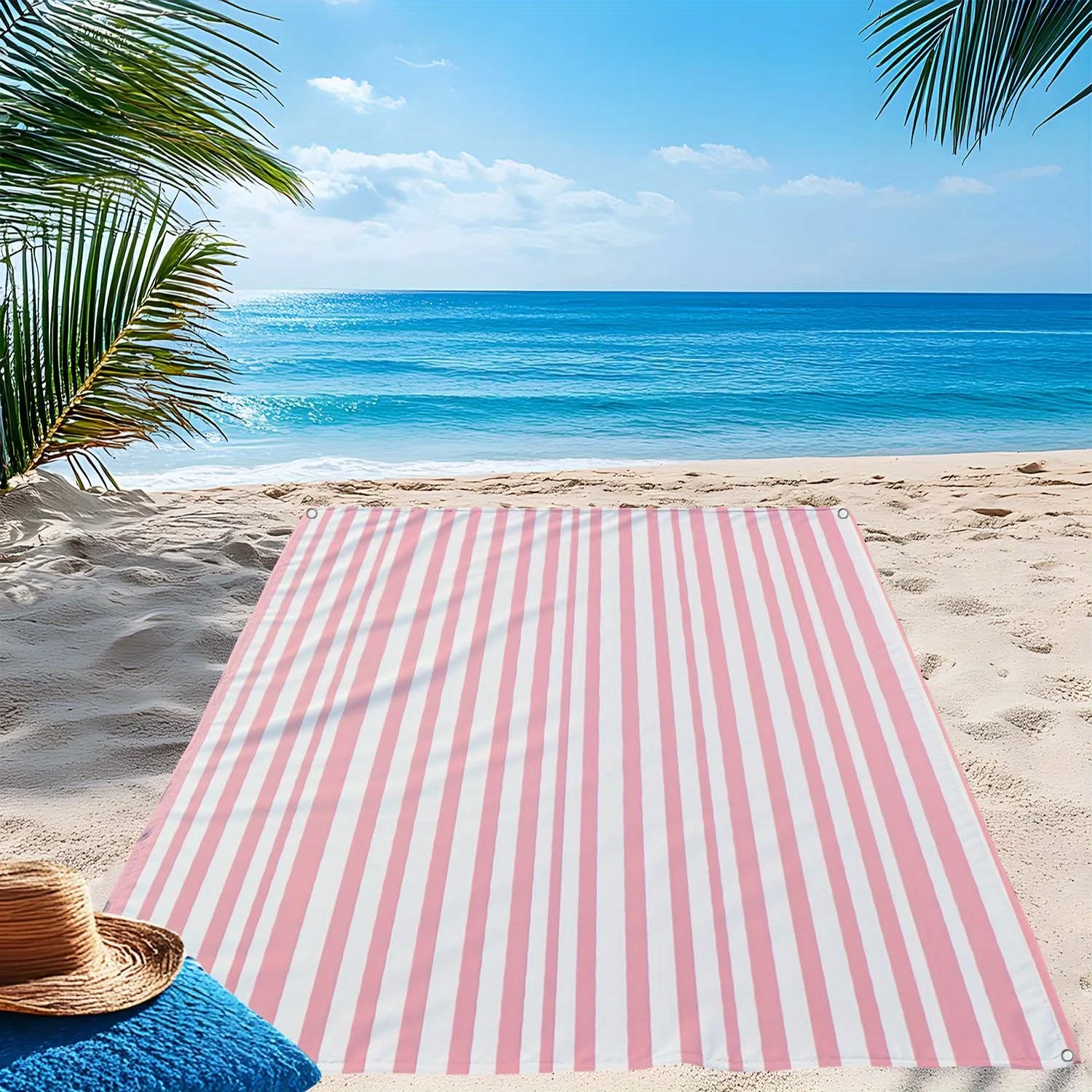 VIKAMA Stranddecke mit rosa und weißen Streifen, sanddicht, tragbare Picknickmatte, feuchtigkeitsbeständige Matte für Camping im Freien