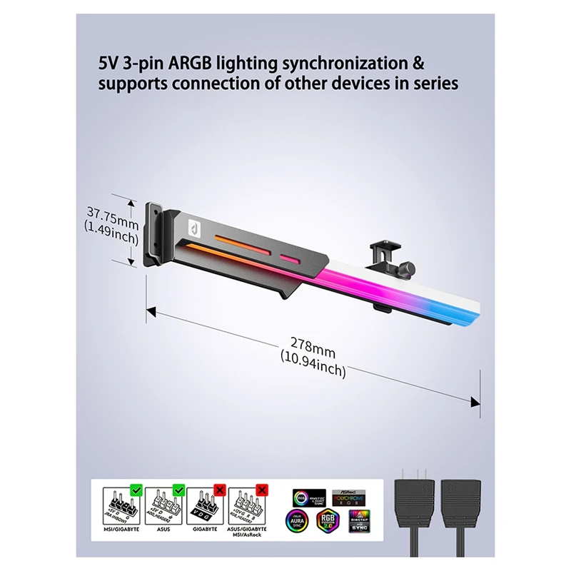 DT21 ARGB GPU Support Bracket 5V 3-Pin Sync Adjustable for Graphics Card Sag Holder for PC Case Black