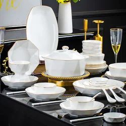 Light Luxury Bone China Tableware Set Jingdezhen Ceramic Tableware Set Gold Rimmed Bowls and Plates Octagonal Gold Drawing Set