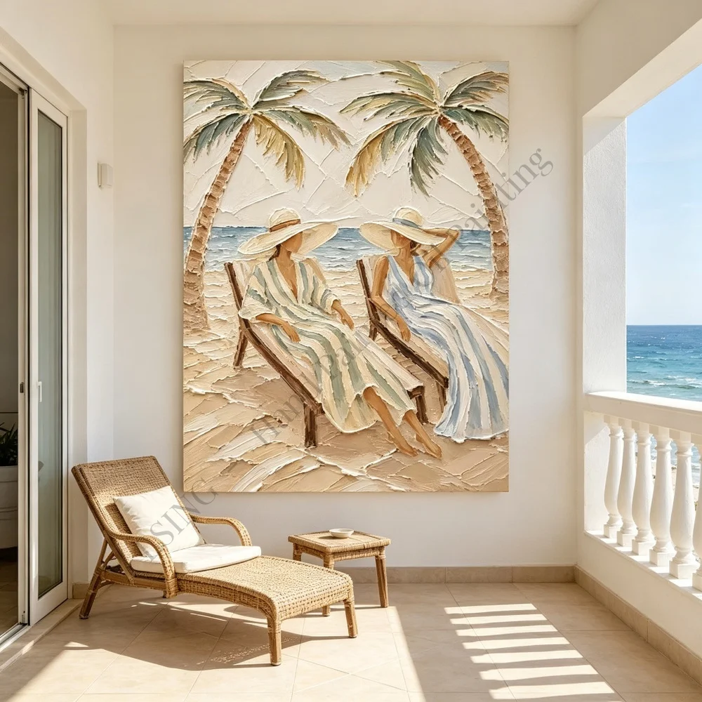 Beach Women Hand Painted Oil Canvas Wall Art Summer Coastal Blue White Luxury Textured Home Decor for Living Room