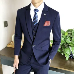 (Jackets+Vest+Pants) Fashion Men's Slim Fit Business Suits/Male High-grade Pure Cotton Groom Get Married Dress 3 Pcs S-4XL