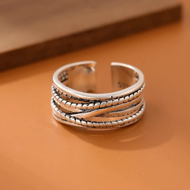 Hot new 925 sterling silver retro vintage personality winding Fried Dough Twists multi-layer opening ring hip-hop style JZ046