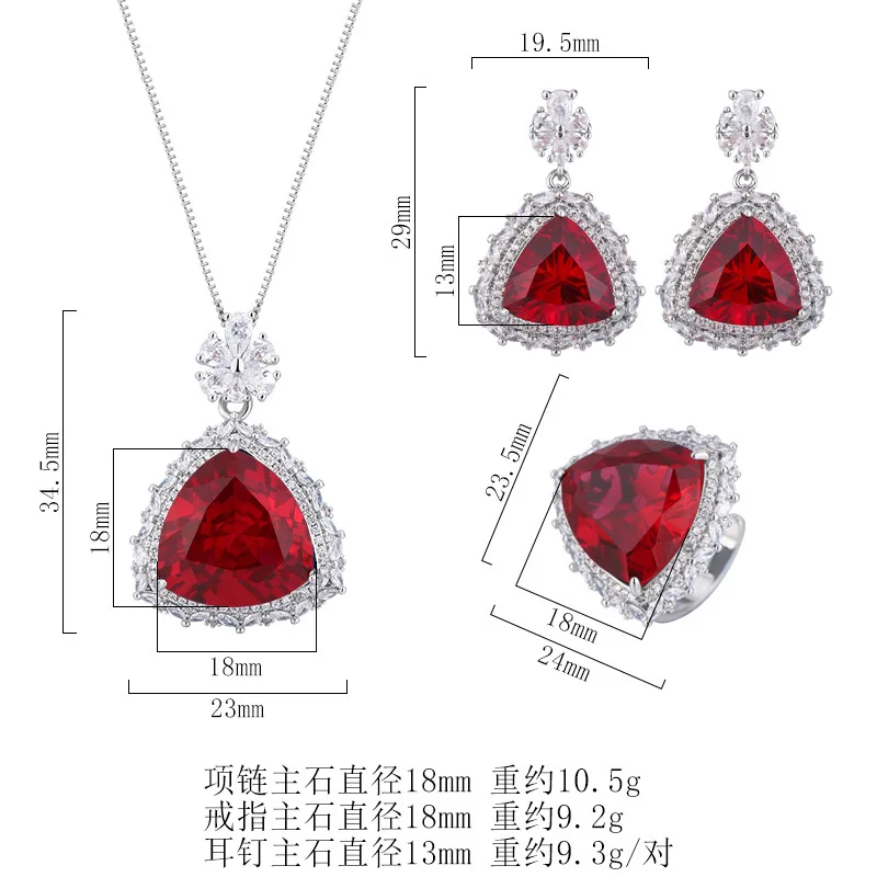 Imagem -06 - Kqdance-conjuntos de Jóias Sintéticas Triangulares para Mulheres Pedras Preciosas Corindo Vermelho Rubi Pingentes de Diamante Colares Brincos Anéis Festa