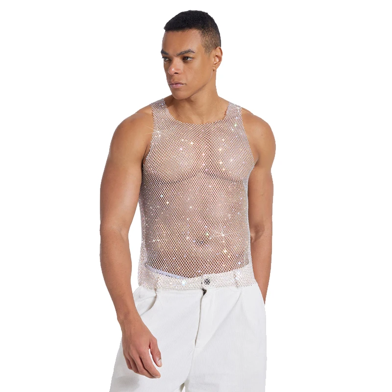Herren-Tanktop mit glitzerndem Strass-Mesh, durchsichtig, ärmellos, Clubwear, Party-Weste, Herren-T-Shirts und Tanktops, майка мужская – Detail 6