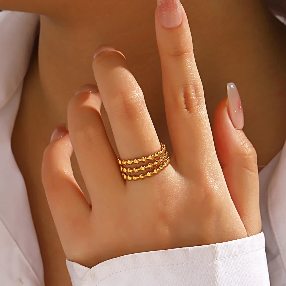 Fashion Simple 3-Layer Round Bead Ring Unisex Personalized Hip Hop Opening Adjustment Stainless Steel Rings Valentine Day Gift