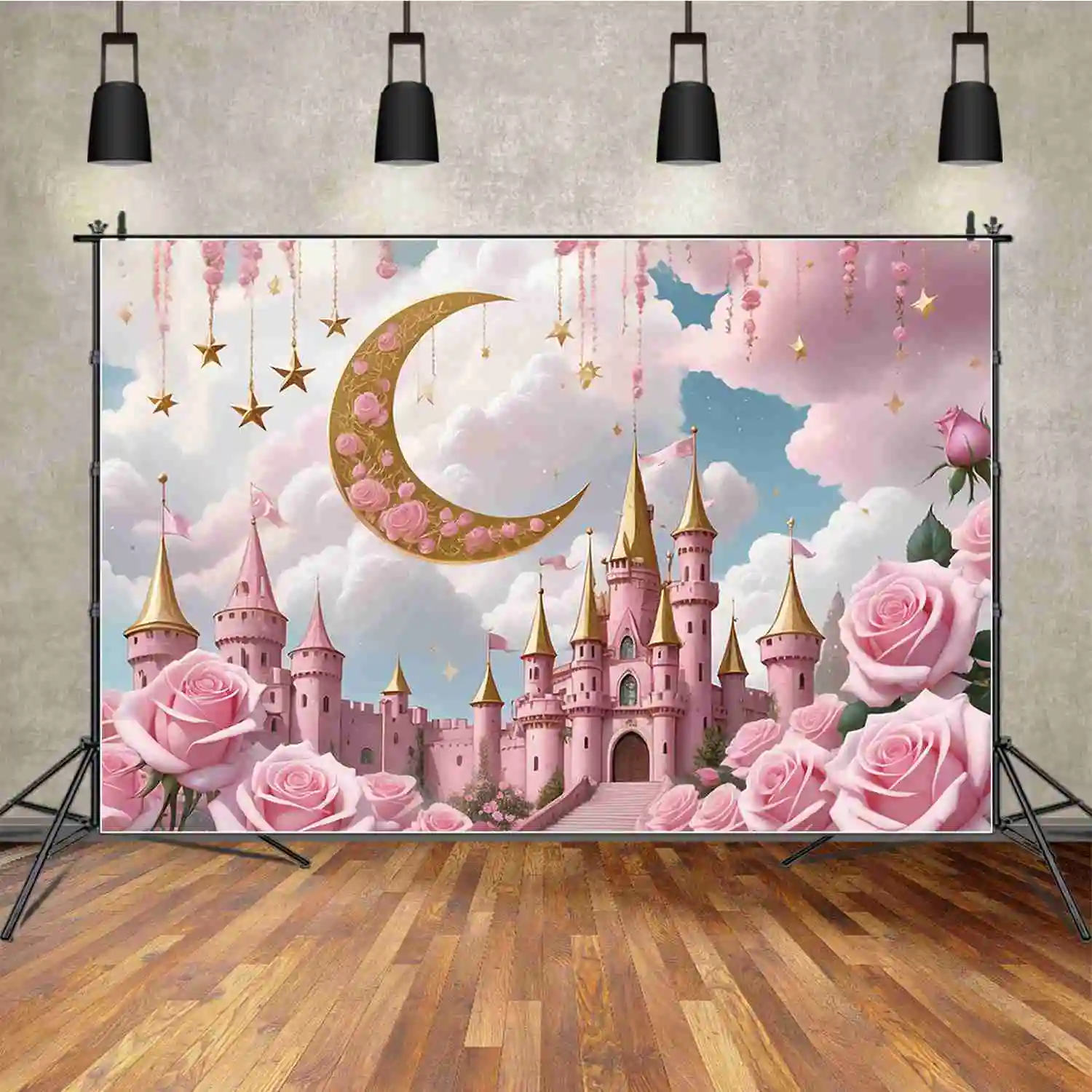 

MOON.QG Princess Pink Birthday Backdrop Girls Gold Crescent Flowers Star Backgrounds Customized Party Decoration Photocall Props