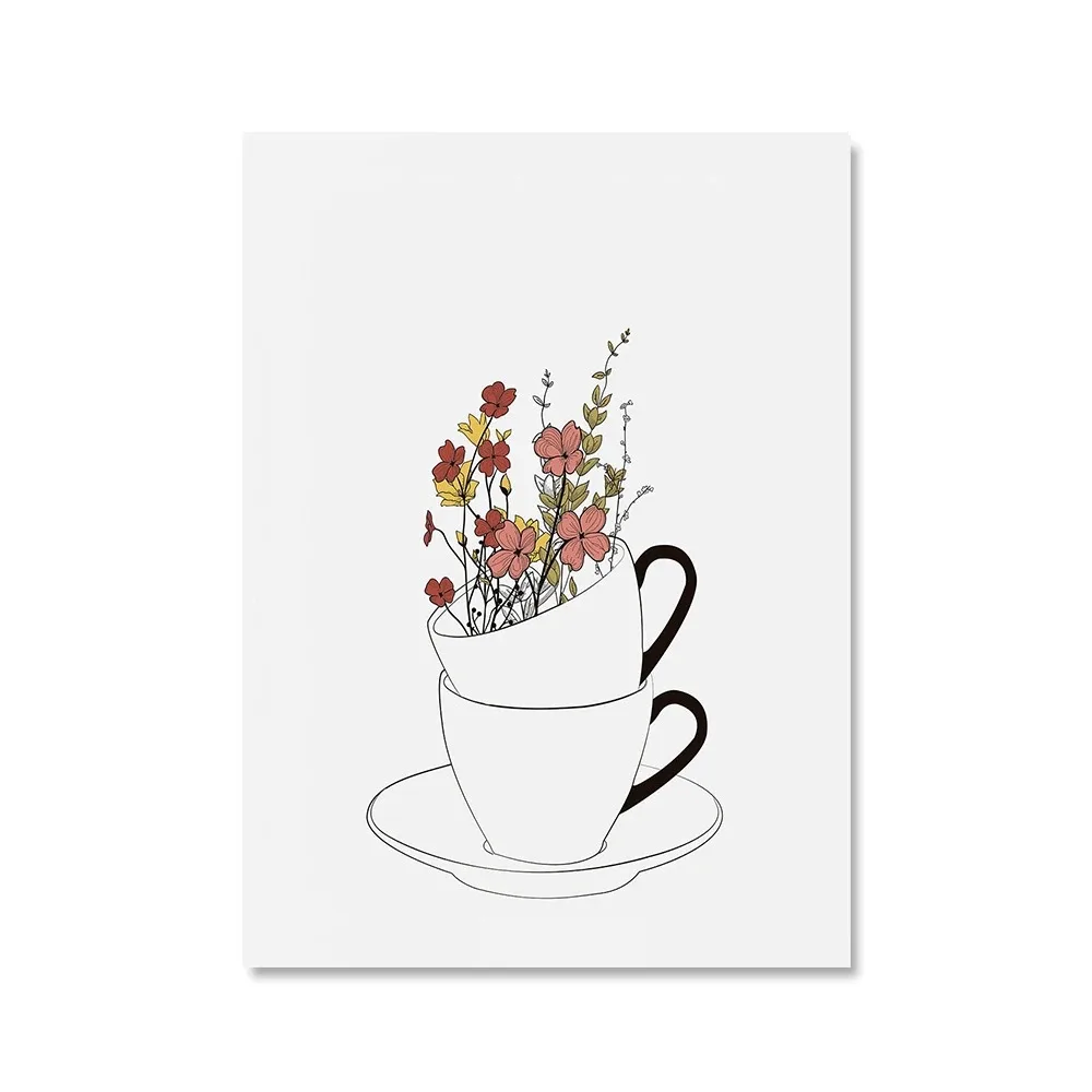 

Contemporary Floral Coffee Mug Print Minimalist Line Unframed Canvas Painting Posters For Living Room Bedroom Wall Art Decor