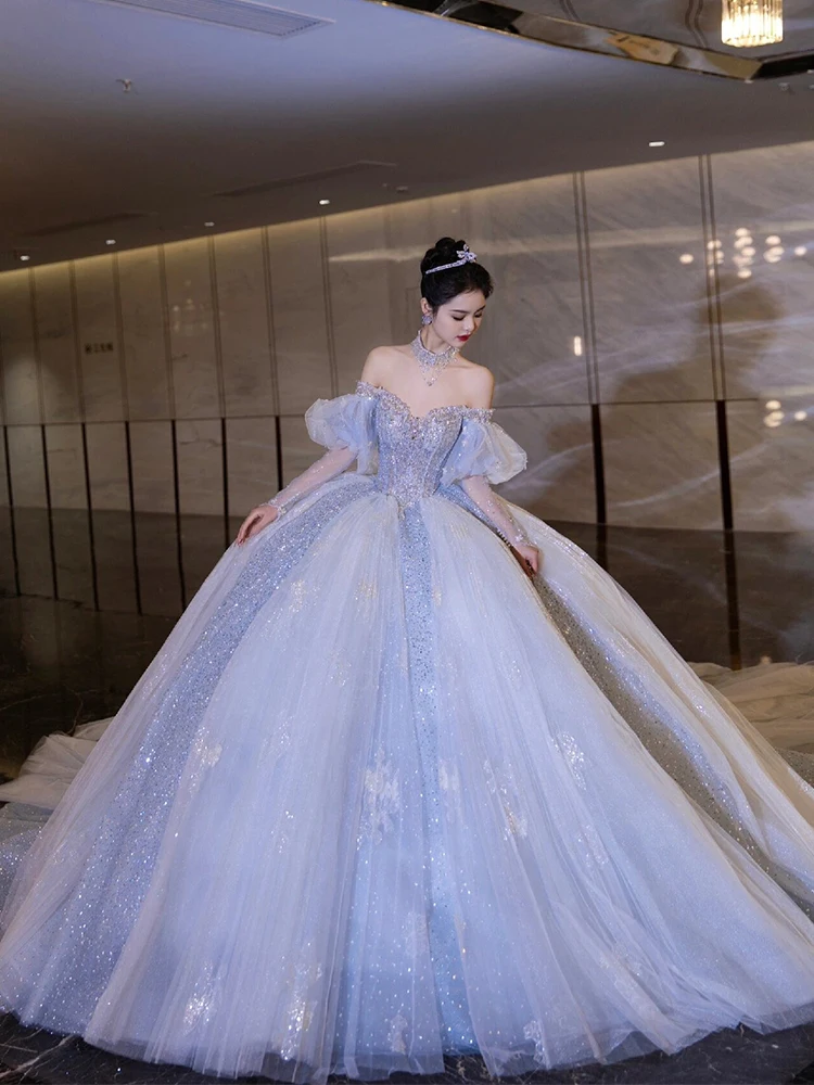 

Elegant Long Train Wedding Dress One Shoulder Starry Blue Heavy Embroidery Court Style for Short Women New 2026 Model