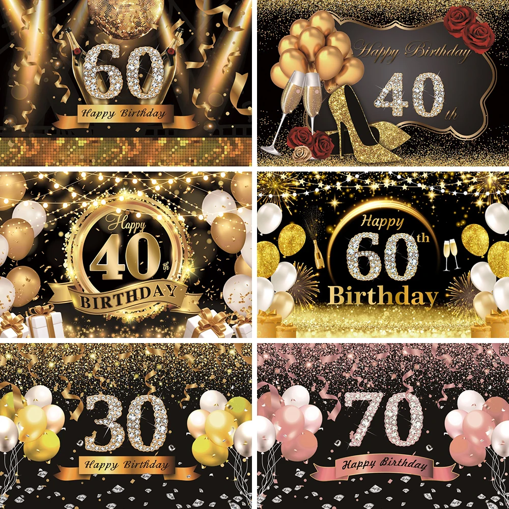 18th 30th 60th Happy Birthday Woman Decoration Background Adults Glitter Gold Balloon Photo Studio Custom Background Banner