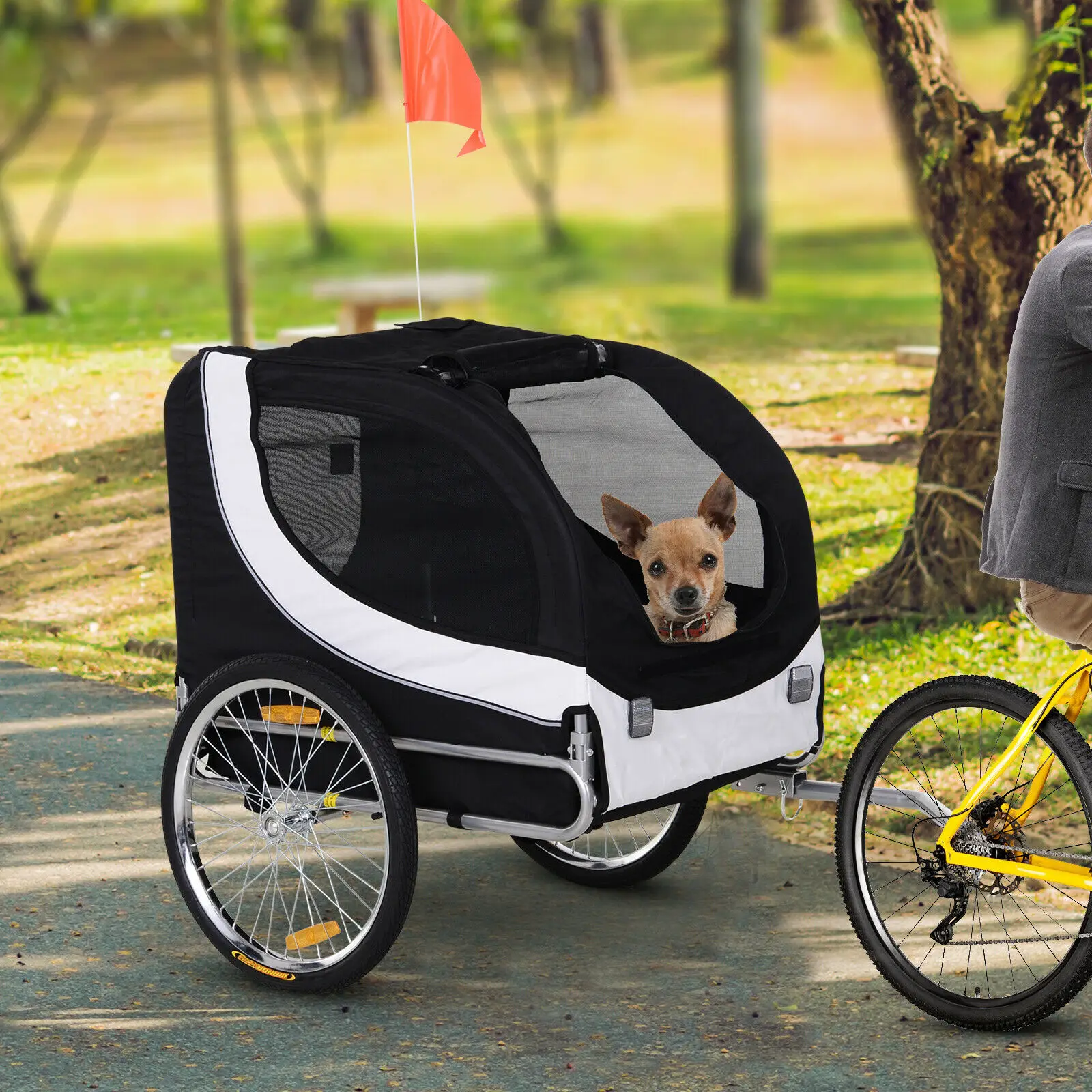 

Dog Bicycle Trailer Pet Carrier Reflectors Weather Resistant Canopy Flag