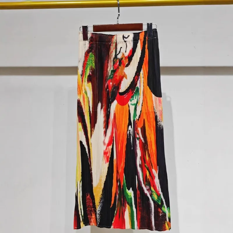 Pleated Skirt Summer New Digital Print Straight Slim Fit Versatile Casual Stretch Slit No-Iron Drape Women's Long Skirt