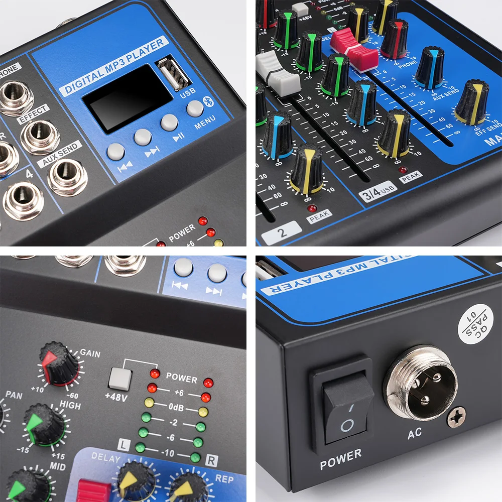 جهاز مزج الصوت الصوت خلط وحدة التحكم جهاز التحكم في الصوت USB كارت الصوت المهنية 4 قناة بلوتوث للكمبيوتر المنزل كاريوكي