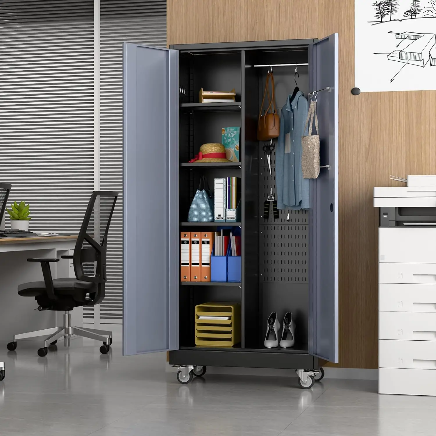 Garage Storage Cabinet with Wheels, Metal Storage Cabinet with Lockable Doors and 4 Adjustable Shelves, Metal Locker