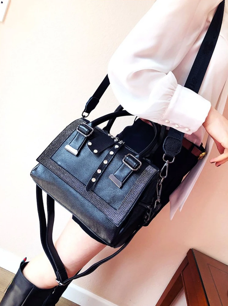 Female Fashion Vegan Leather Glitter Shiny Rhinestone Medium Size Boston Bag Short Handles Work Commuter Daily Side Shoulder Bag