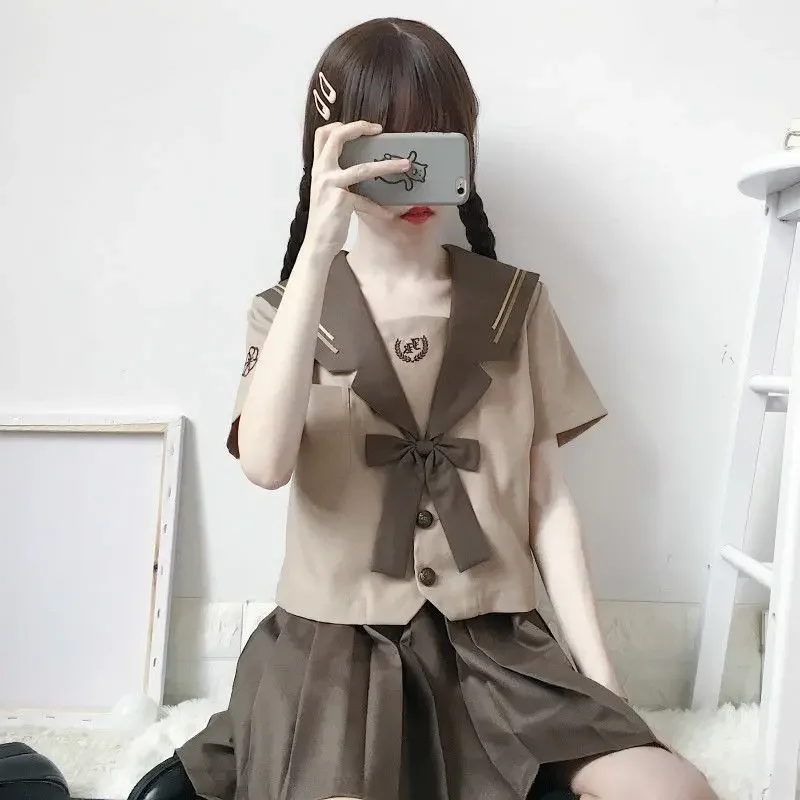 Japanese Fashion School Uniform Soft Girl JK Uniform Student Skirt Girl Milk Tea Brown Navy Wind Sailor Suit Pleated Skirt Set