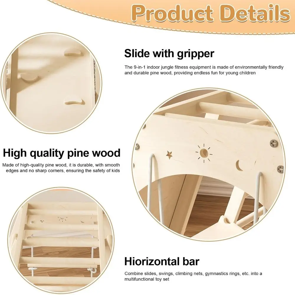 صالة الألعاب الرياضية للغابة مونتيسوري الداخلي الكل في واحد للأطفال: الشريحة، التأرجح، القضبان، جدار الصخور، الخشب الطبيعي، الأعمار 3-8، التوازن والتنسيق #4