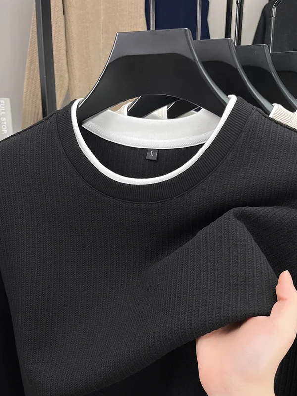 

Повседневная длинная футболка Sve round Ne, мужская осенняя модная двухслойная толстовка с воротником в вертикальную полоску, искусственная двухсекционная футболка