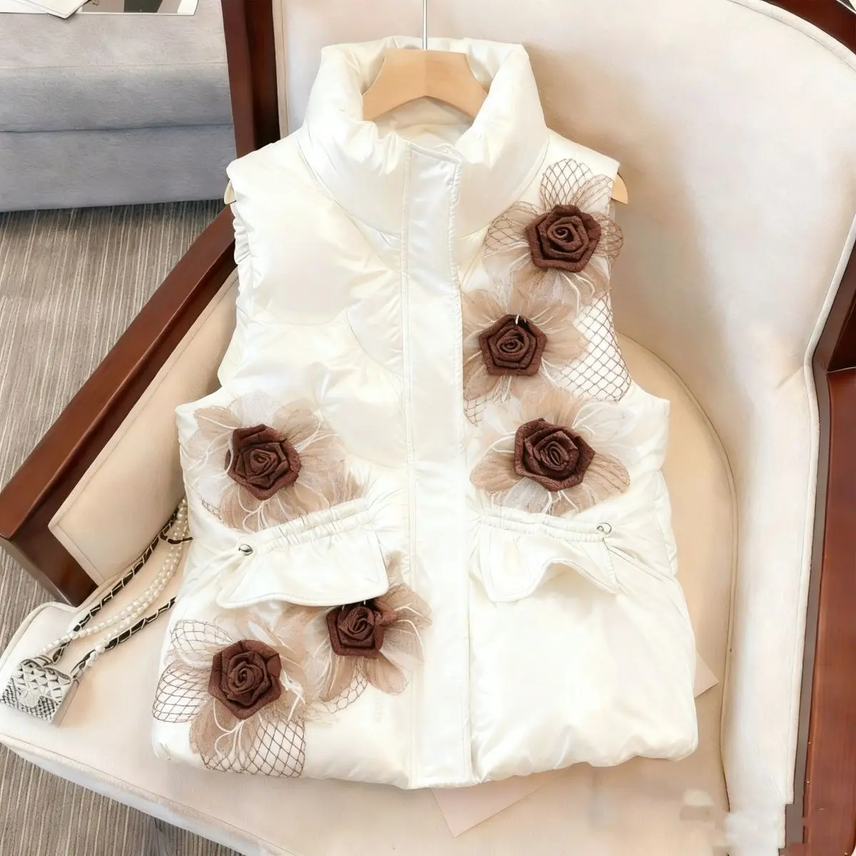 

Осень-зима, новинка, женский хлопковый тюнетный жилет с вышивкой, пуховый воротник-стойка, верхняя одежда с цветочным узором, пальто