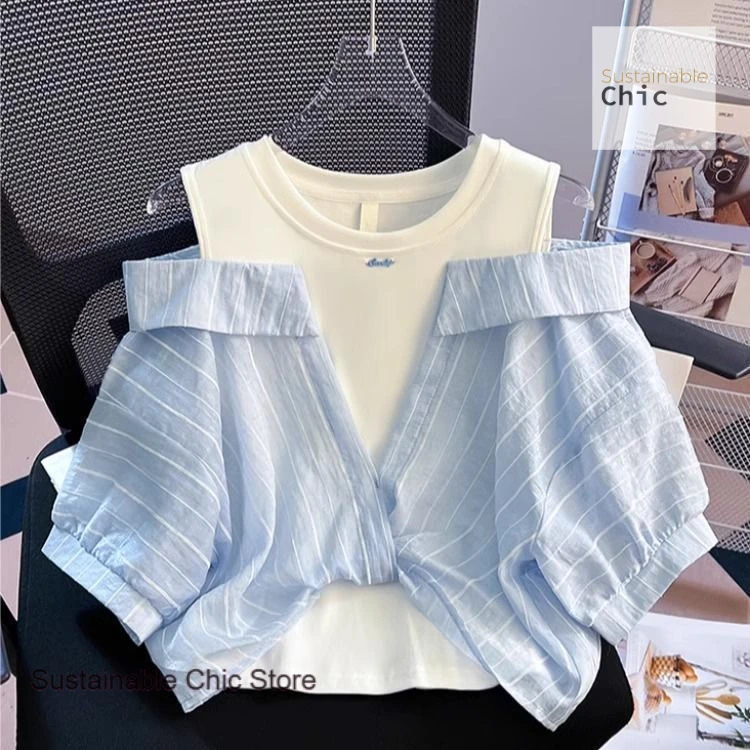 

French fashion off-the-shoulder design stitching fake two new short-sleeved shirts summer loose western-style top T-shirt