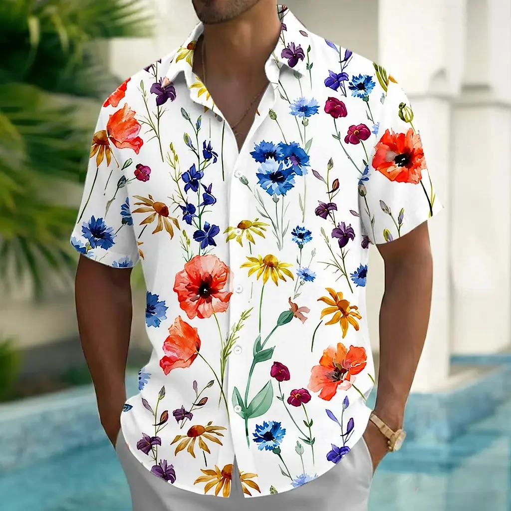 Men Wild Poppy Daisy Floral Print Short Sleeve Shirts Lapel Button Down Summer Beach Garden Casual Vacation Blouse