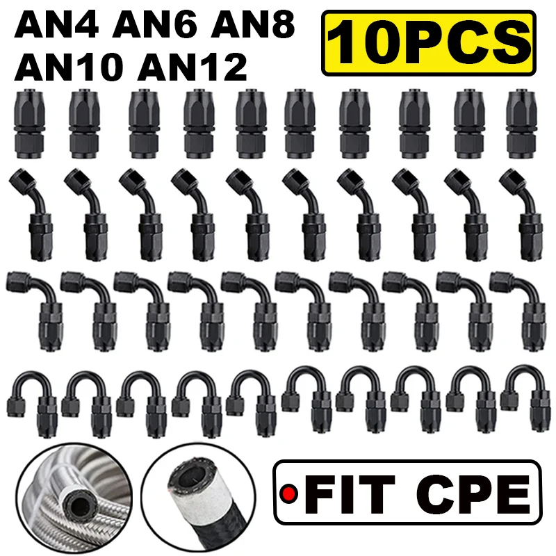 10 Universal AN4 AN6 AN8 AN10 AN12 Straight 45 90 120 180 Degree CPE Oil Fuel Swivel Hose End Fitting Oil Hose End Adaptor Black