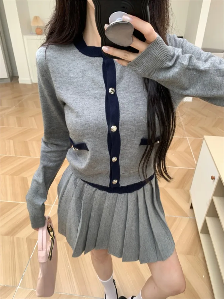 Korean Fashion Knitted Two-piece Skirt Set Women Single Breasted O-neck Top Pleated Mini Skirt Autumn Elegant Outfits Knitwear