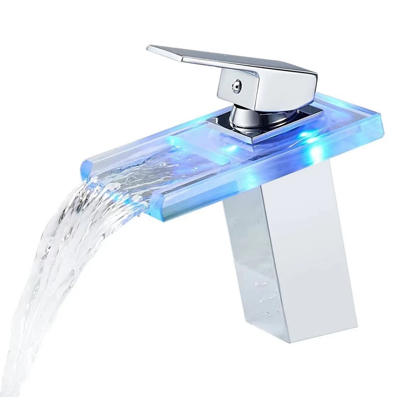 LED Basin Faucet Waterfall Temperature Color Light Change Cold and Hot Mixer Bathroom Tap Deck Mounted Wash Sink Glass Spout Tap