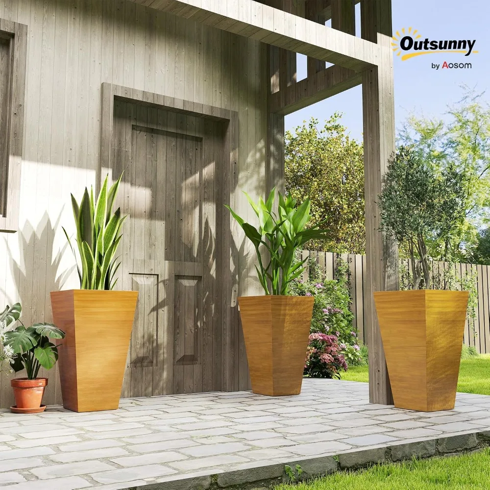 28in Tall Outdoor Planters Set of 3 Light Brown Self-Draining Weather Resistant Patio Garden Pots