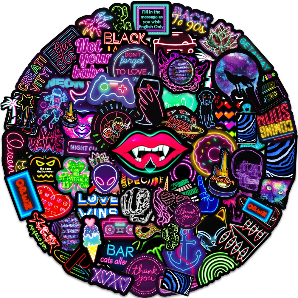 10/30/50/100pcs Cool Cartoon Neon Light Graffiti Stickers Aesthetic Decals DIY Laptop Motorcycle Notebook Car Decoration Sticker