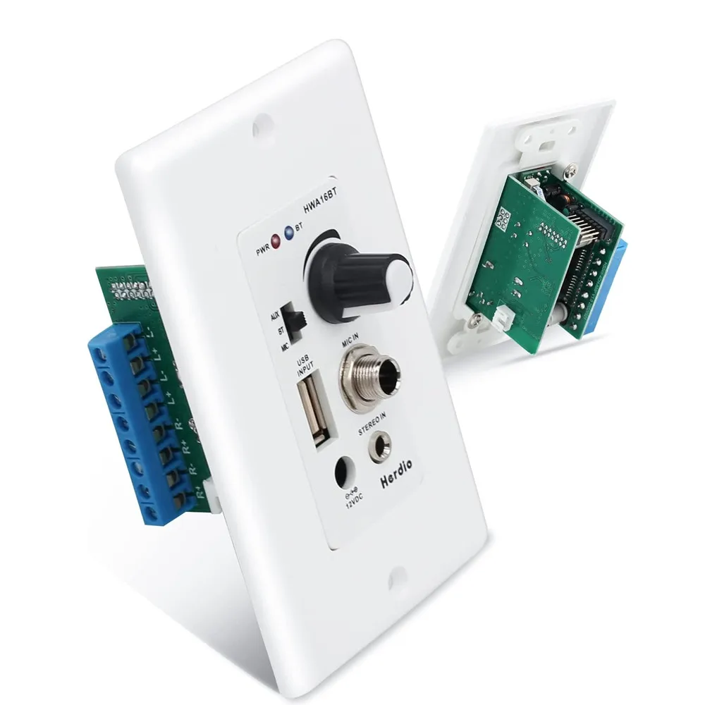 

Herdio Bluetooth Wall Amplifier 4 Channels Volume Control Wall Plate USB/AUX Inputs Connect 4 Speakers With 12V3A Power Supply