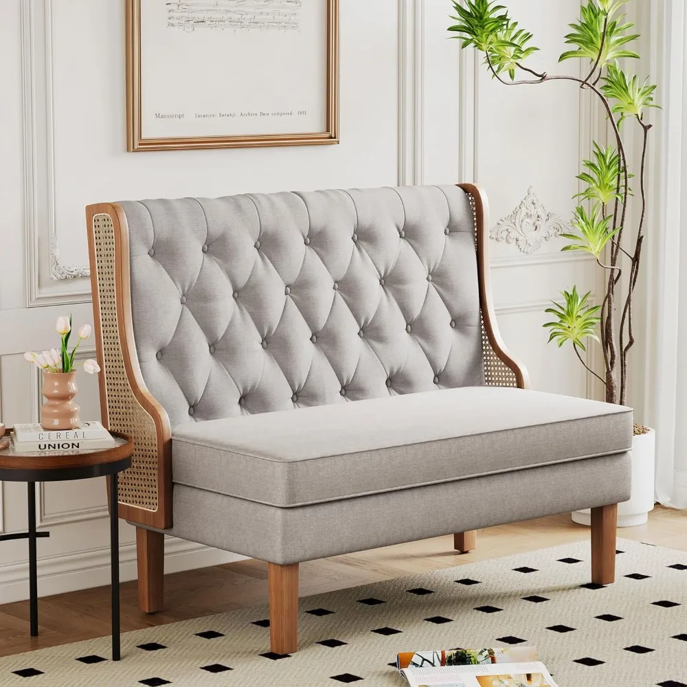 

Loveseat Settee Bench with Natural Rattan Arms,Upholstered Modern High-Back Mini Sofa Couch,Banquette Dining Bench
