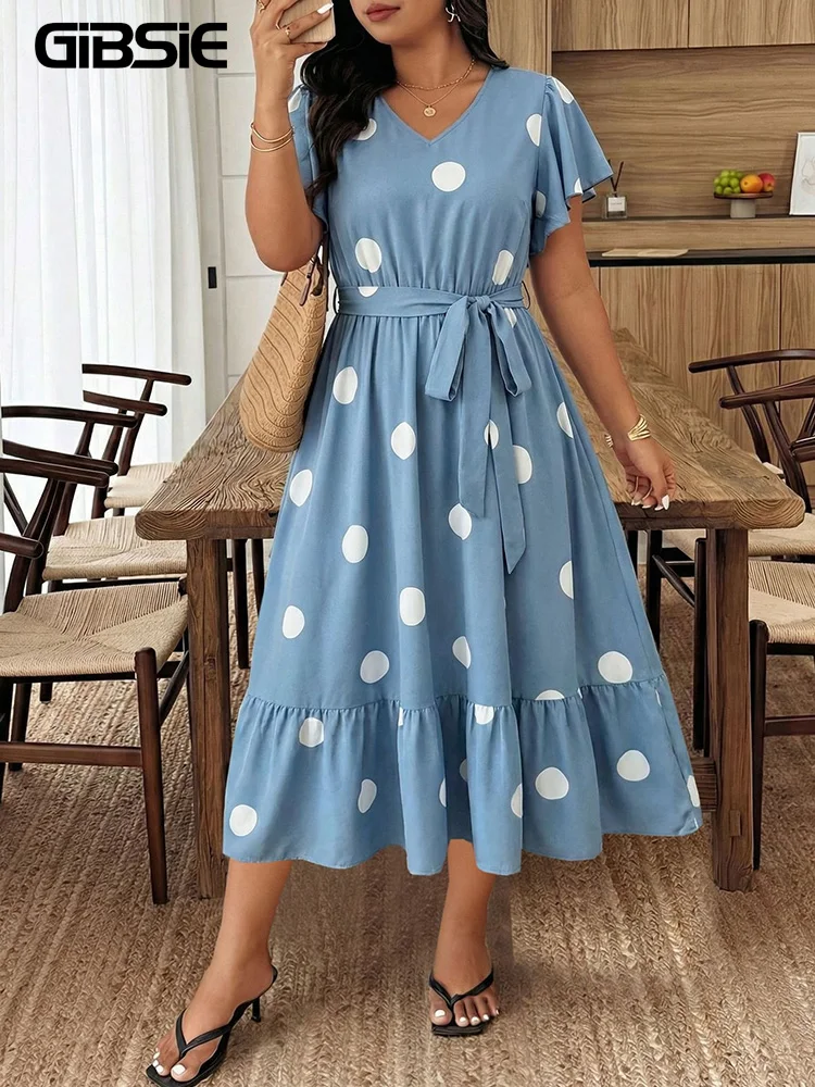 

GIBSIE Plus Size Polka Dot V-Neck Belted Ruffle Hem Dress Women Casual Vacation Flounce Sleeve Big Swing Summer Long Dresses
