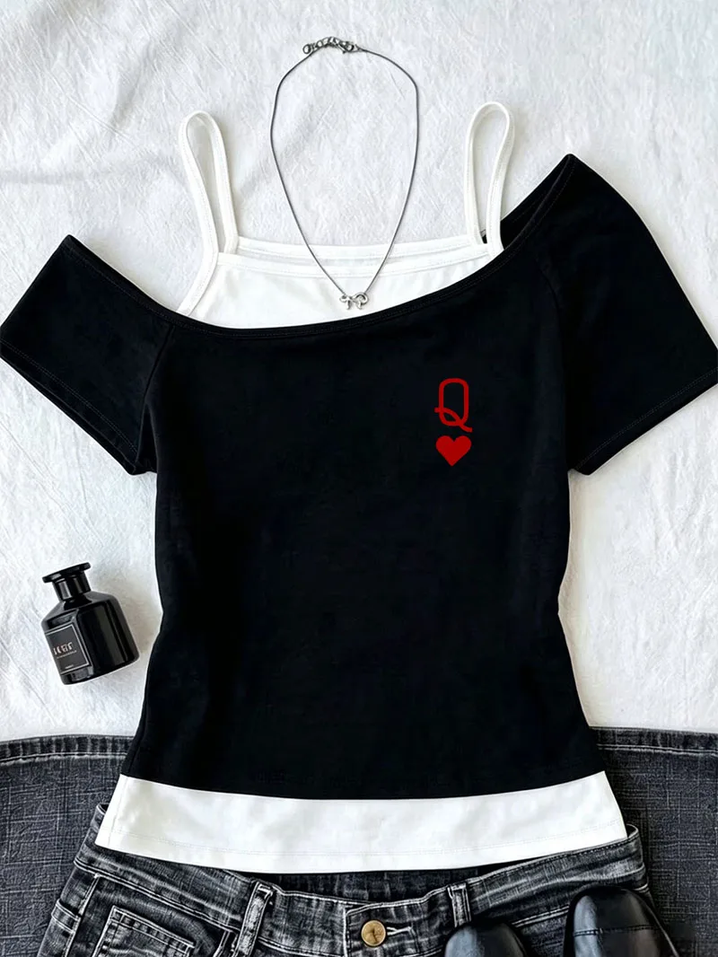 Casual T Shirt Women Fashion T-Shirt Off-Shoulder 90s Trendy Gothic 2000s Graphic Chic Girls T Shirt Y2k Tops Tee