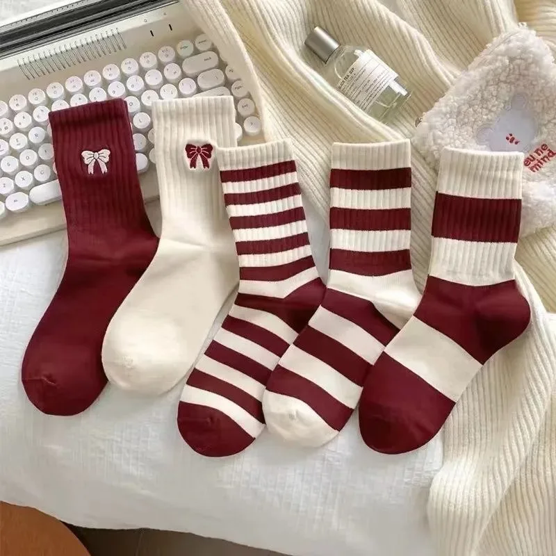 5 Pairs Women's Mid-Calf Long Fall Socks Autumn Winter Bow Stripe Sports and Leisure Red Loose Socks Set Warm Socks for Girls