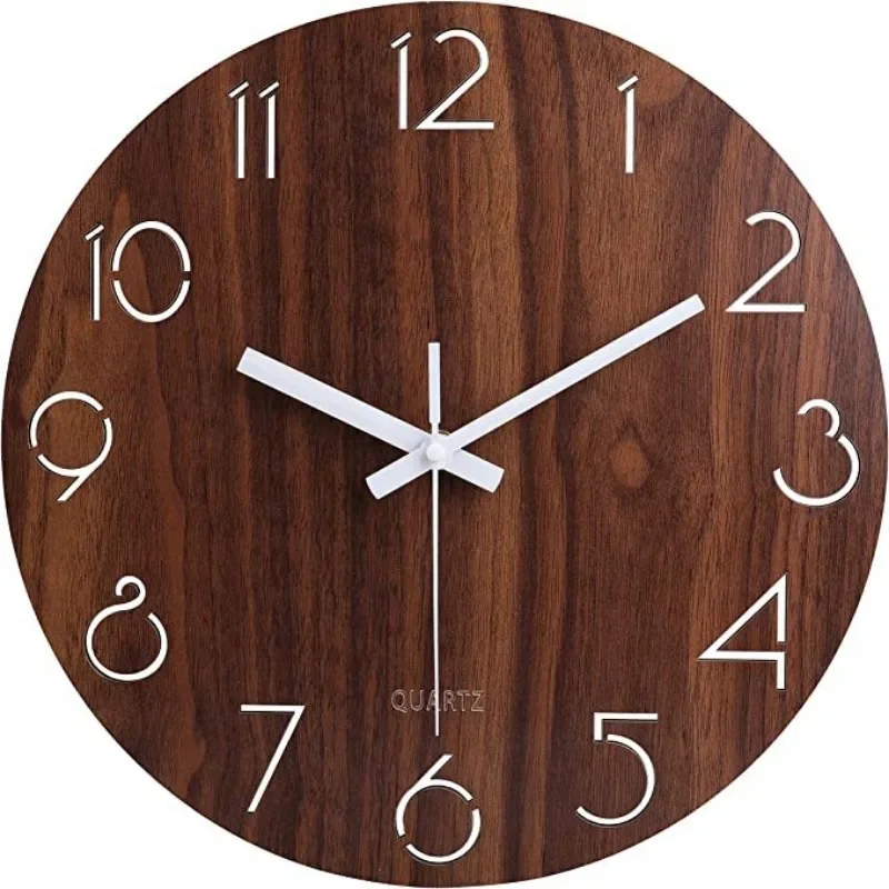 12-Inch with Luminous Retro Wooden Wall Clock Word Numbers Silent Used in Bedroom Living Room Kitchen Dining Room Decoration