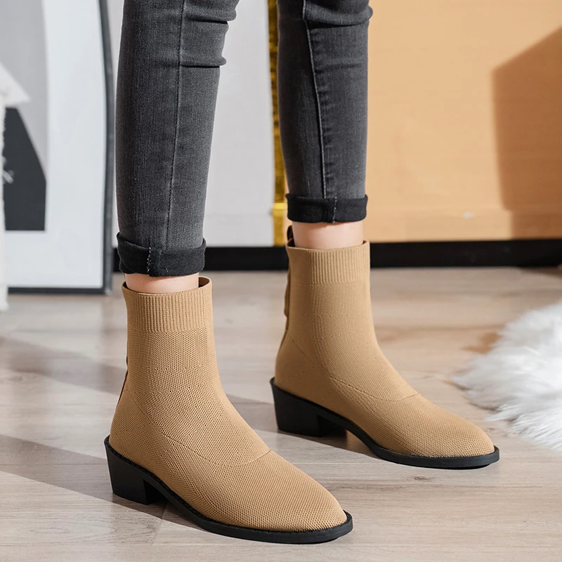 

Shoes for Women 2023 Fashion Ankle Women's Boots Knitted Stretch Modern Boots Women Slip-on Pointed Toe Med Heel Female Shoes