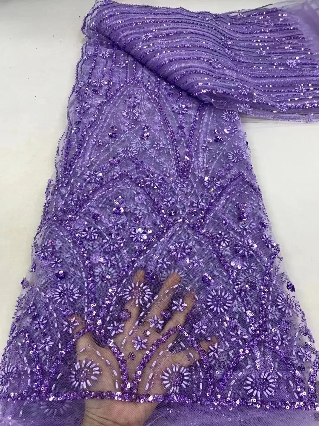 Blue African Luxury Beaded Tulle Lace Fabric French Handmade Sequins Embroidery Lace Fabric For Women Christmas Party Dresses