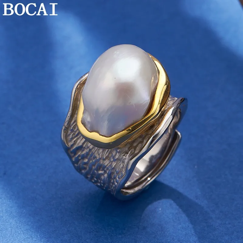 BOCAI S925 Silver Charms Ring for Women Creative Contrast Colored Irregular Pattern Inlaid Baroque Pearl  Jewelry Wholesale