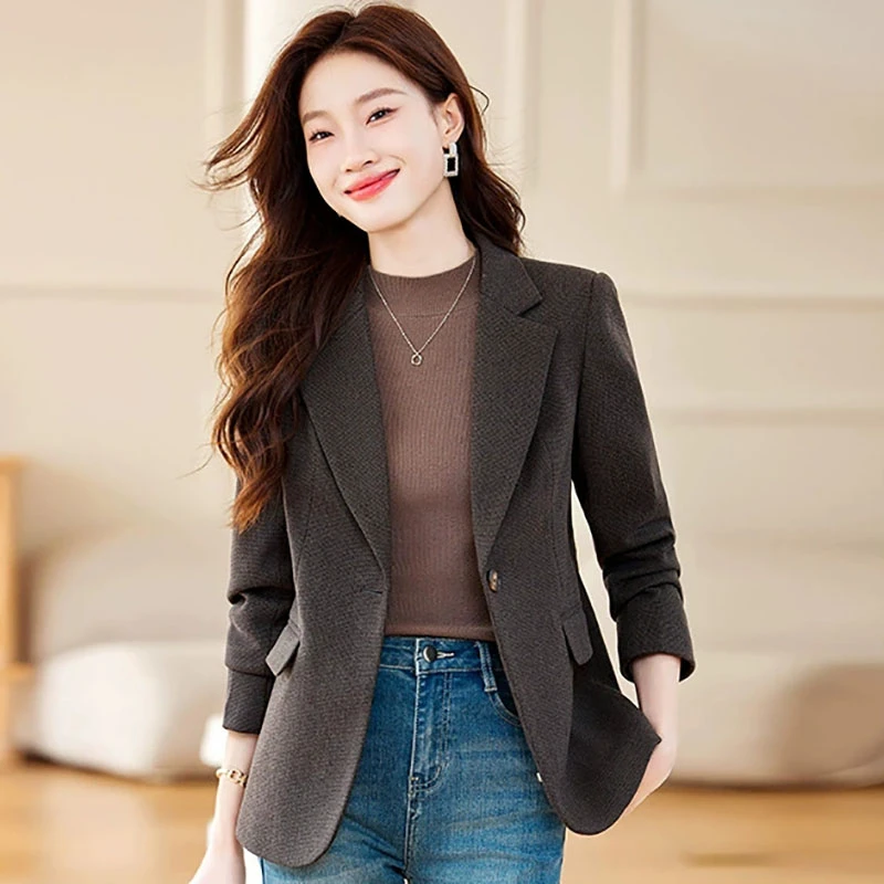 

Korean Casual Single Button Formal Jacket Business Coat 2025 New Autumn Winter Women Blazer Ladies Office Woolen Suit Coat Tops