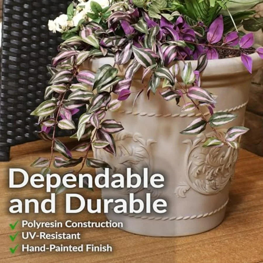Outdoor plant pot application, polyresin material, beige color, double-walled design with drillable drainage holes