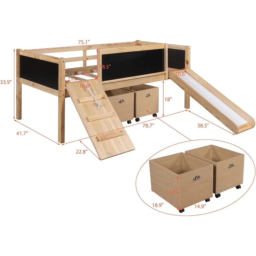 Estrutura de cama loft dupla com escorregador, caixas de armazenamento, escada de escalada e quadro de giz, estrutura de cama loft moderna multifuncional