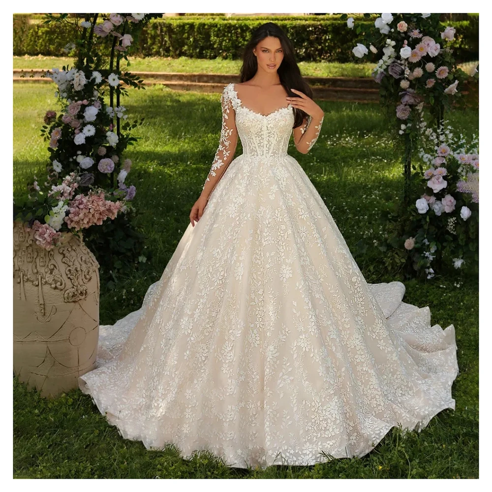 

Elegant Square Collar Wedding Dress Classic Lace Applique Illusion Long Sleeve Bridal Gown Custom Made Ball Gown Robe De Mariée