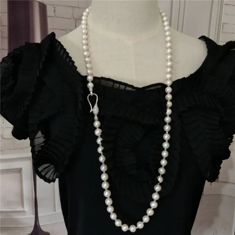 

Hand knotted personality style natural 9-10 mm white freshwater pearl glass crystal long sweater chain fashion jewelry